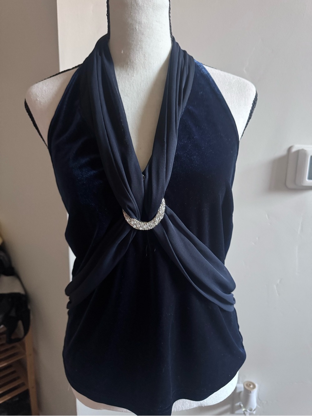 Women’s Navy Halter Blouse with Rhinestone Ring